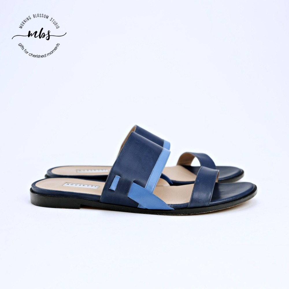 Fratelli Rossetti Leather Two Strap Colorblock Sandals Navy Women EU 38.5 US 8
